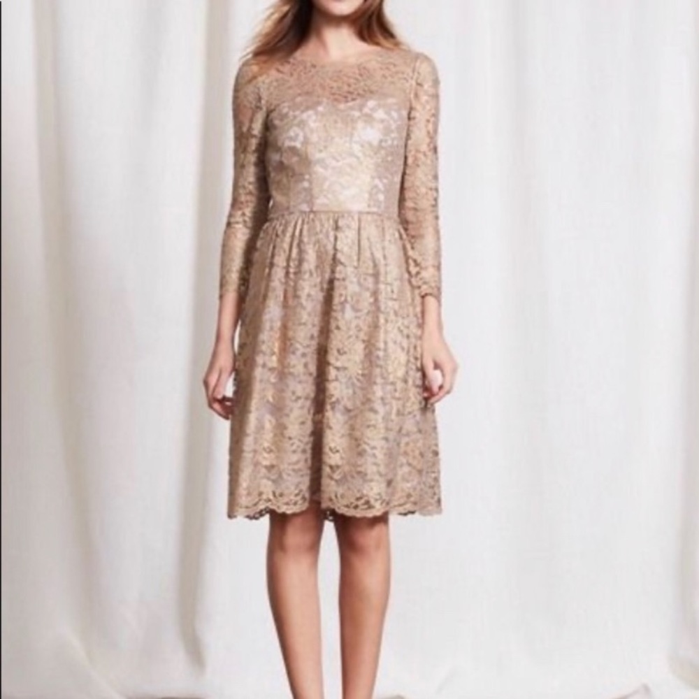 “BODEN” Gold Luxe Lace Overlay Dress